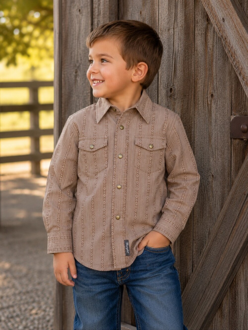 Boys WRANGLER Retro Brown/Tan Striped cowboy western snap front shirt sz XS euc